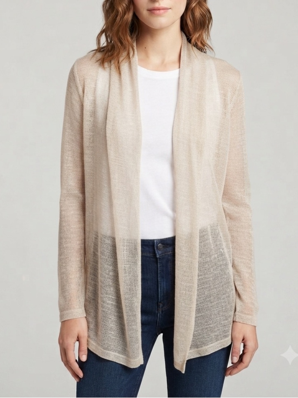 Nally & Millie Open-Front Beige Sheer Cardigan